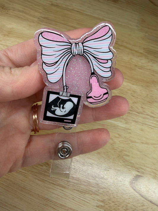 Newborn Blanket Bow Pink with Ultrasound Badge Reel with Alligator Clip