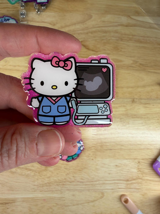 Ultrasound Cat Badge Reel, L&D, RN, LPN, Tech, alligator clip