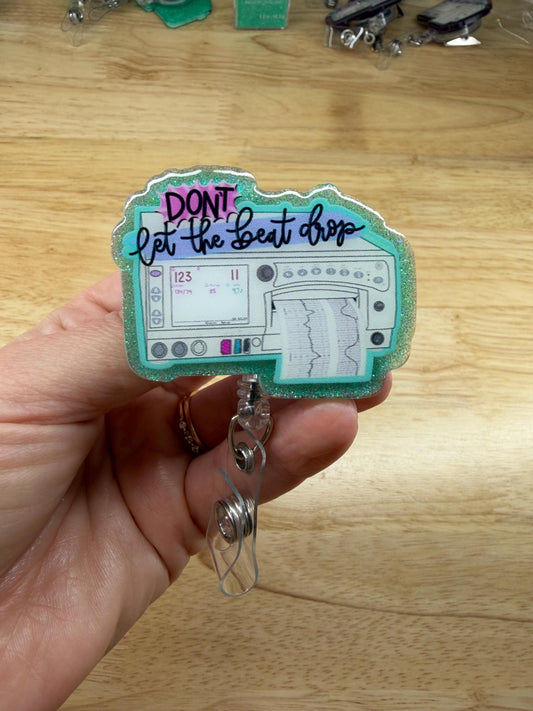 Fetal Monitor Badge Reel, L&D, RN, LPN, CNA, Tech, alligator clip